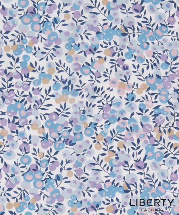 A floral pattern with purple, blue and yellow flowers.