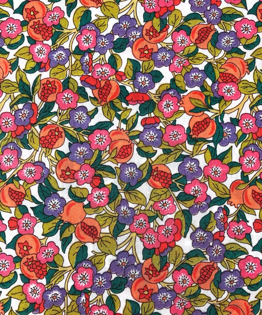 A floral pattern with purple and red flowers.