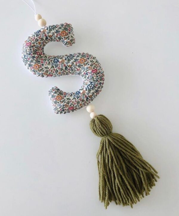 A letter hanging on the wall with tassels.