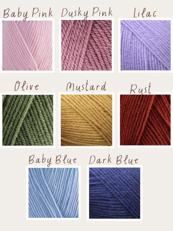 A color chart of yarn with different colors.